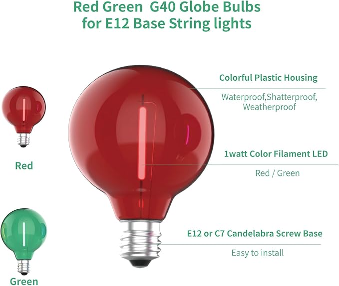 Meconard G40 Colored LED String Light Bulbs, Shatterproof LED 1 Watt Globe Replacement Bulbs, E12/C7 Candelabra Base,Red Light Bulb Green Light Bulb, 25 Pack