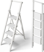 Taranta 4 Step Ladder, Portable Folding Ladder with Wide Pedal, Lightweight Aluminum Step Stool with Convenient Handgrip, 330 lbs Capacity Stepladder for Home, Office - White