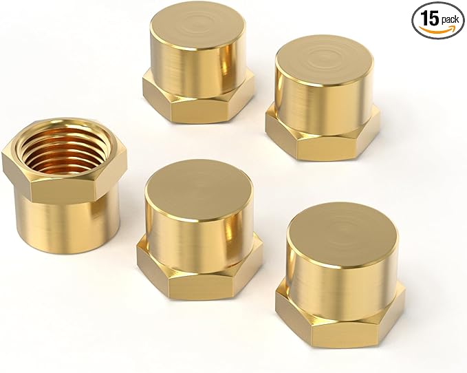 GASHER 1/8"NPT Brass Pipe Cap, NPT Female Thread Socket Pipe End Cap Plugs Fitting 15PCS