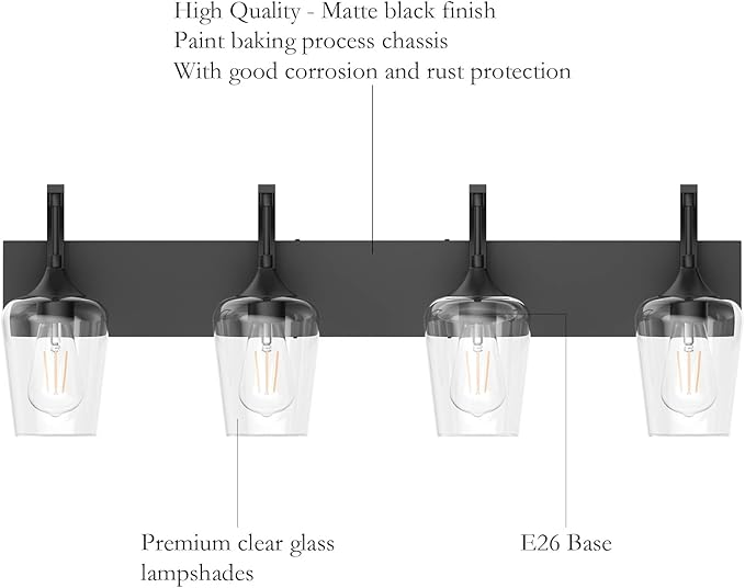 Ralbay Matte Black Bathroom Vanity Light 4-Lights Industrial Black Vanity Lights Clear Glass Vintage Edison Matte Black Wall Mount Light Fixtures for Bathroom