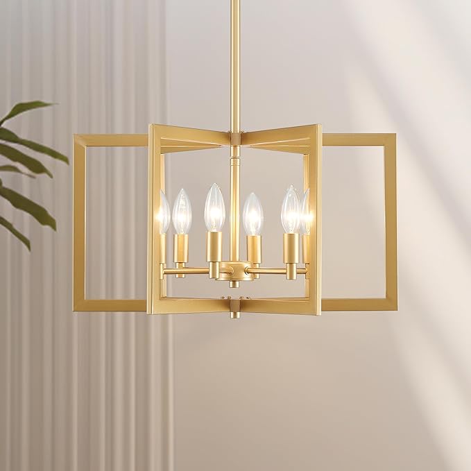 Gold Chandelier Modern Geometric 6-Light, Farmhouse Dining Room Light Fixture Over Table Kitchen Island Lighting Fixtures Metal Hanging Pendant Lighting, E12
