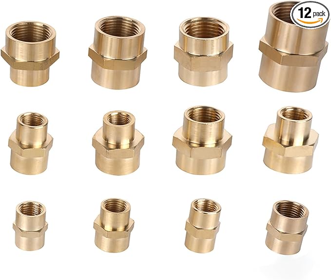 Hex Couplings, 3/8" NPT Female To Female Brass Hex Nipple Adapters, Brass Pipe Extension Fittings for Oil/Air/Water/Gas Systems. (12 Pack)