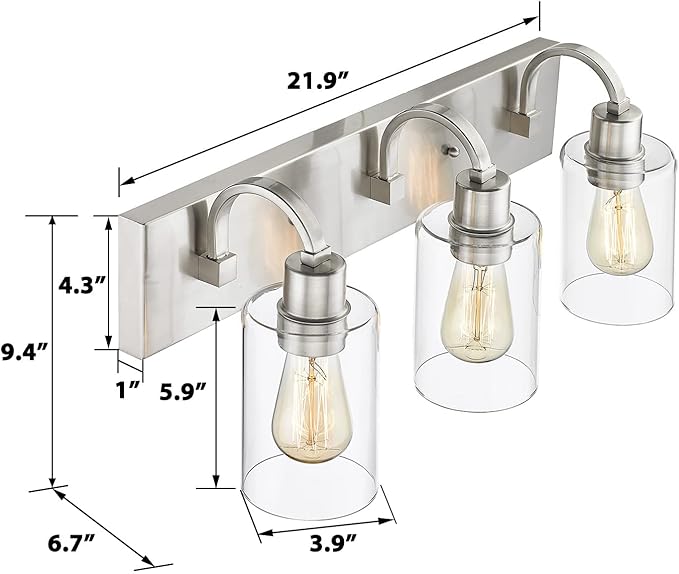 Emliviar 3-Light Vanity Light Fixture - Modern Bathroom Light Fixtures Over Mirror, Brushed Nickel Finish with Clear Glass, YCE237B-3W BN