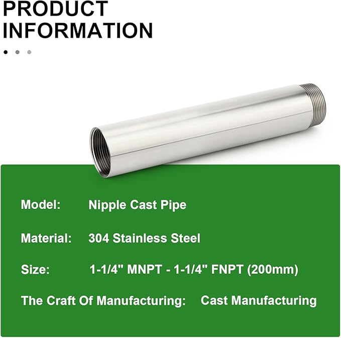 TAISHER 1PCS Stainless Steel Pipe Fittings, 1-1/4" NPT Male x 1-1/4" NPT Female Threaded, 8" Length Nipple Cast Pipe