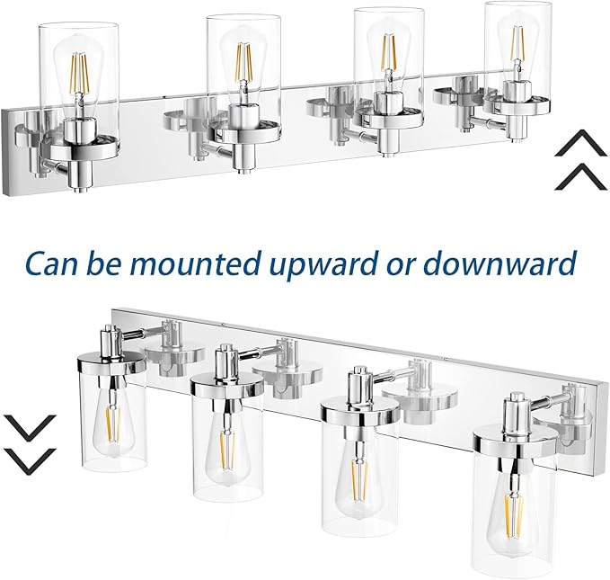 Aipsun Bathroom Vanity Light Farmhouse 4 Light Chrome Vanity Lighting Fixtures with Clear Glass Shade(Exclude Bulb)