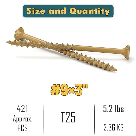 WELLOCKS Deck Screws, Wood Screws, Tan, Superior Rust Resistant, Epoxy Coated, Above 1000 Hour Salt Spray Coating T25 Torx Star Bit Included for Outdoor Wood Fence (5.2LBS Tan, #9×3")