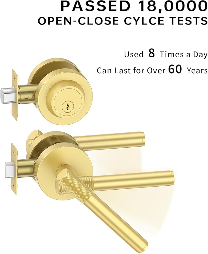 Asidrama Premium Brushed Gold Zinc-Alloy Front Door Lock Set: Double Cylinder Deadbolt, Heavy Duty Security Handleset for Left/Right Exterior Doors, Universal Entry Locks (1 Pack)