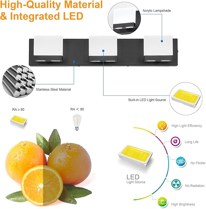 SineRise LED Modern Bathroom Vanity Light Fixtures (3-Light, 24-Inch,6000K), Matte Black Modern Acrylic Bathroom Wall Lighting Fixtures Over Mirror