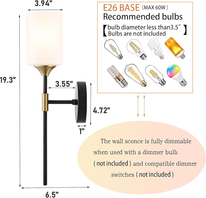 Industrial Mid Century Wall Sconce Set of 2 with White Cylinder Glass Shades Modern Bathroom Vanity Wall Lamp Black and Gold Finished Wall Light Fixture