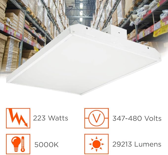 223 Watt 2 Foot High Bay | 5000K Daylight High Output 29213 Lumens | Wired 223W 347-480V High Bay | 50000 Life Hours 131LM/w | 1 Pack by GoodBulb