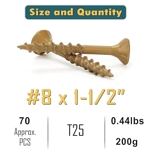 WELLOCKS Deck Screws, Wood Screws, Tan, Superior Rust Resistant, Epoxy Coated, Above 1000 Hour Salt Spray Coating T25 Torx Star Bit Included for Outdoor Wood Fence (Trial Size 0.44LBS, #8×1-1/2")