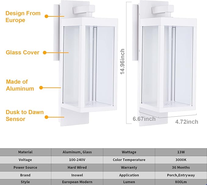 Dusk to Dawn Outdoor Wall Lantern LED Mount Porch Lights Exterior Wall Sconce Light Fixtures with Clear Glass Shade, Waterproof Lamps for Front Door, Garage, Modern Porch