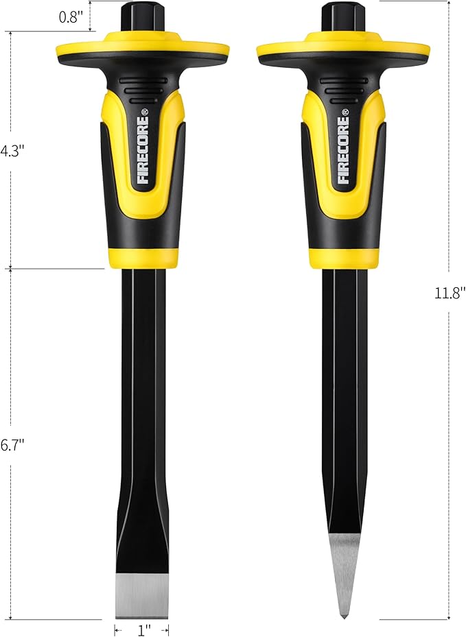 Rock Chisel Set, Firecore 3PCS Masonry Chisel with Hand Guard, Heavy Duty Point Flat Cold Chisel for Concrete Stone Brick Rock Tile Mortar Breaking Demolishing Carving Splitting Cutting Mason Tools