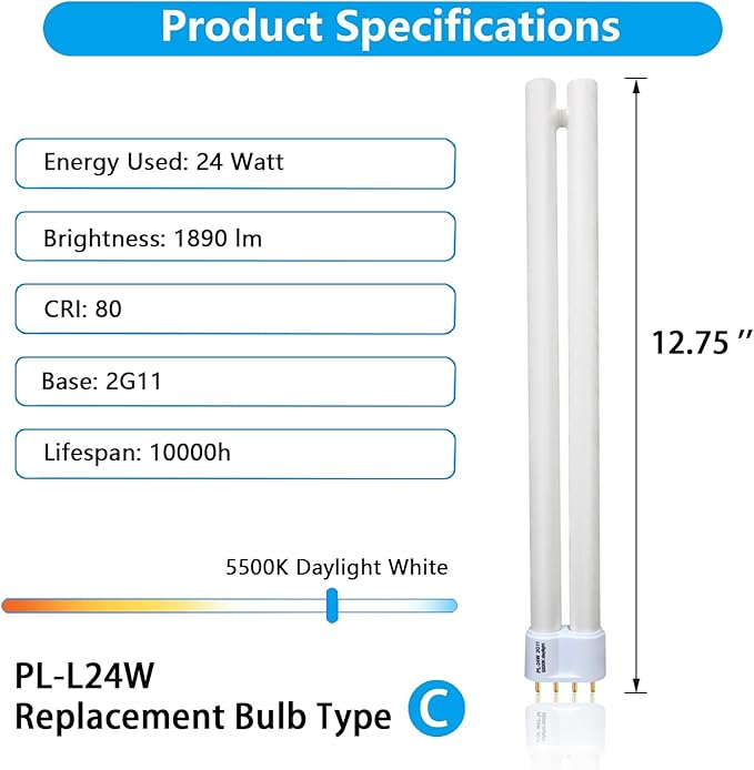 24W PL24-C Fluorescent Light Bulb Replacement for OttLite B24553 T40J34,Tpye C,PL-L 24W Fluorescent Light Bulbs,5500K Bright Natural Daylight,1300lm,2G11 Base - 2Pack