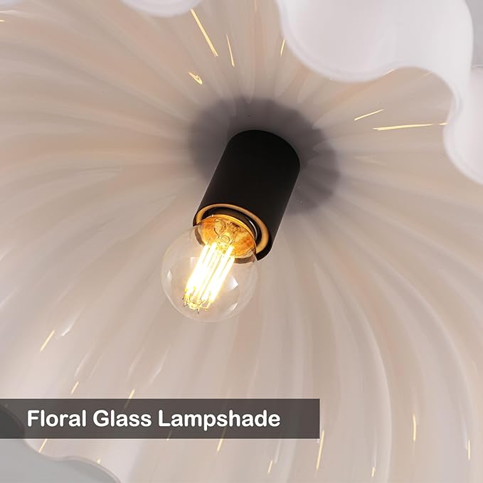 15.7" Vintage Modern Black Chandelier with Floral Milk White Glass Shades, Adjustable Height Pendant Light for Kitchen Island, Dining Room, Bedroom