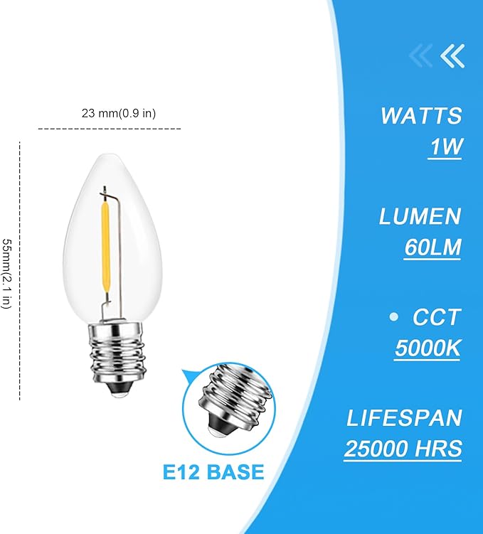 Jslinter 25Pack C7 LED String Light Bulbs Replacement, 5000K Daylight, W(11W Equivalent), 60LM, Shatterproof, E12 Screw Base, Vintage Edison Bulbs for Patio Garden