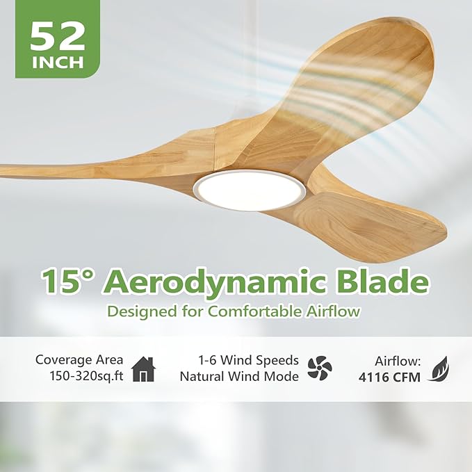 52 inch Natural Wood Ceiling Fan with Light and Remote Control,Ceiling Fans with Lights, 3CCT, Dimmable, Quiet Reversible Motor, Modern Ceiling Fan for Bedroom Indoor/Outdoor Use