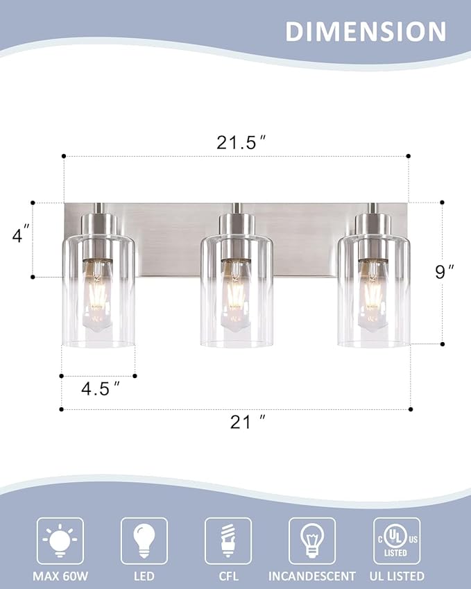 3-Light Bathroom Vanity Light Fixtures,Modern Wall Sconces,Bathroom Lights Over Mirror,Wall Mounted Lamp for Kitchen Living Room Bedroom Hallway,Brushed Nickel Finish with Clear Glass Shade