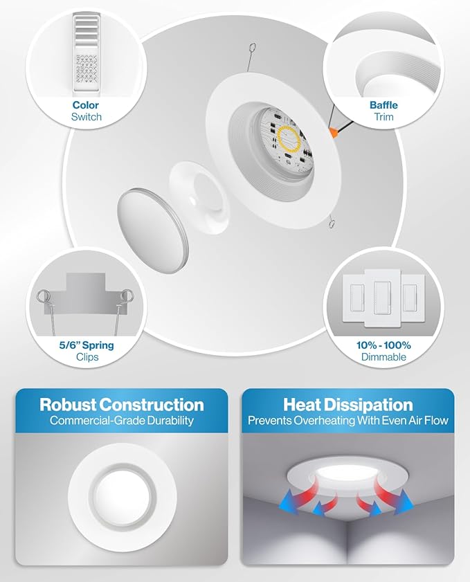 Sunco 24 Pack Retrofit LED Recessed Lighting 6 Inch, Downlight Can Lights for Ceiling, 1050 LM, 2700K/3000K/3500K/4000K/5000K, Dimmable, Baffle Trim, 13W=75W, 50000 Lifetime Hours, Damp Rated UL