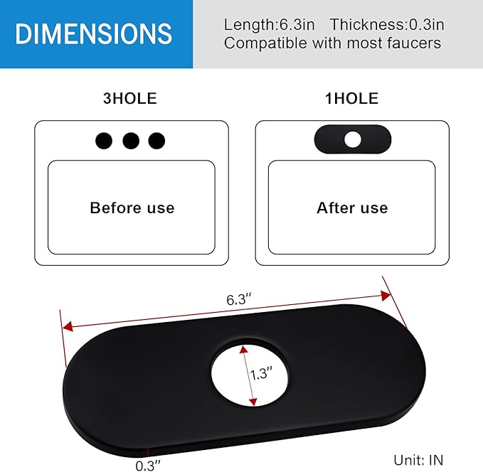 6.3 Inch Black Faucet Deck Plate for Bathroom Vanity Sink, Stainless Steel Faucet Escutcheon Plate for 1 or 3 Hole Kitchen Bathroom Faucets, Matte Black