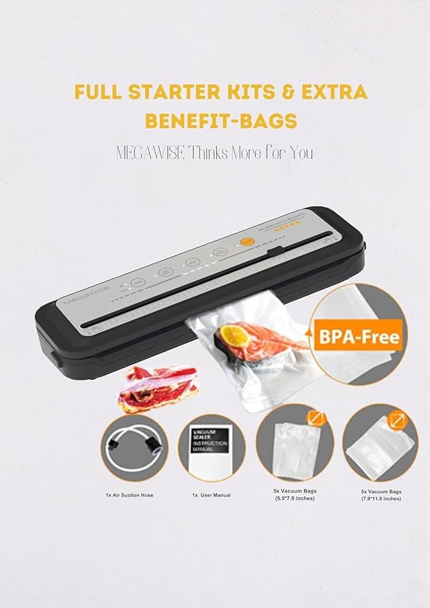 MEGAWISE 202309 Updated Model B w/ 4 Food Type/3 Bag Type Selection Food Vacuum Sealer Builtin Cutter for Fresh Saver of all food types moist, dry cold