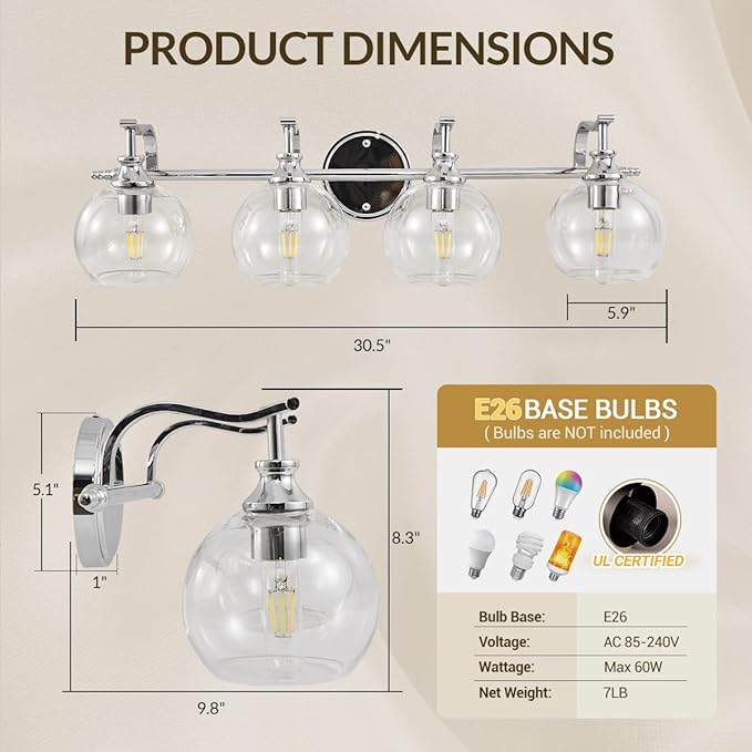 ANDY STAR 4-Light Bathroom Vanity Light, Chrome Wall Sconce, Anti-Rust Metal Bathroom Light with Hight-Quality Clear Glass, Bath Wall Lamp for Mirror, Kitchen, Living Room, Bedroom, Hallway, 30.5"