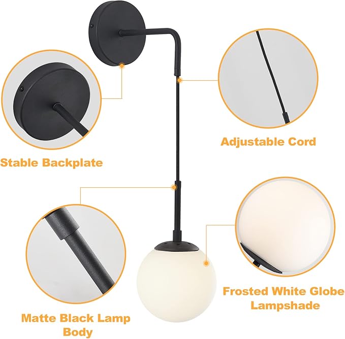 KCO Lighting Frosted White Glass Wall Sconce Set of Two Black Globe Ball Wall Light Adjustable Cord Industrial Vanity Wall Lamp for Bathroom Mirror Bedside Stairs (White)