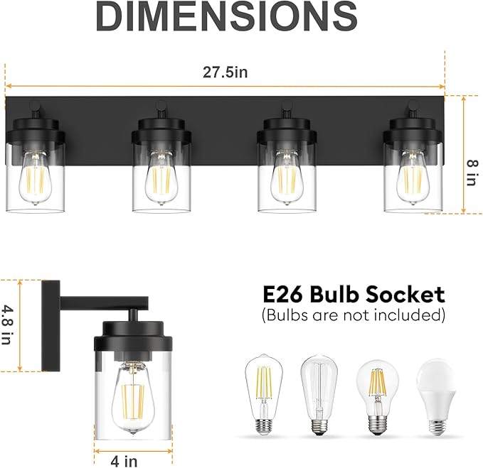 IZORRO Bathroom Vanity Light Fixture, 4-Light 27.5 Inch Matte Black Bathroom Light Fixtures Over Mirror, with Clear Glass Shade, Modern Farmhouse Vanity Lights, Rustic Restroom Lighting Fixtures