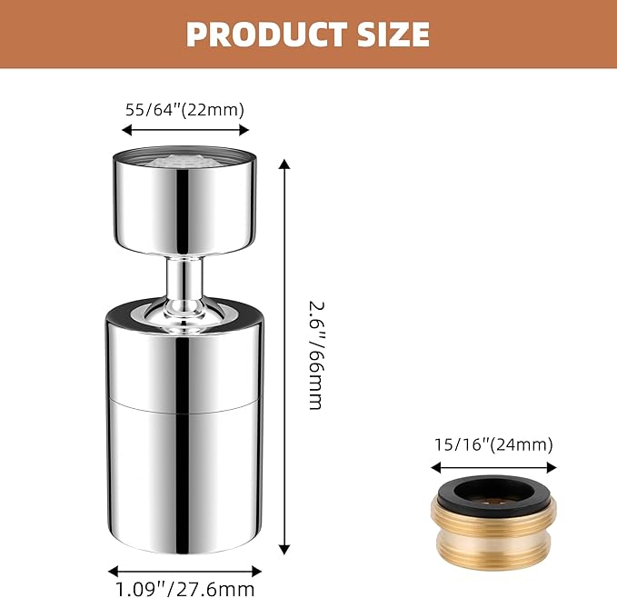 Hibbent NSF/ANSI/CAN 61 Certified Faucet Aerator, CUPC Certification 360 Degree Kitchen Sink Faucet Aerator, Dual-function Swivel Big Angle Kitchen Faucet Attachment, Faucet Replacement Part, Chrome