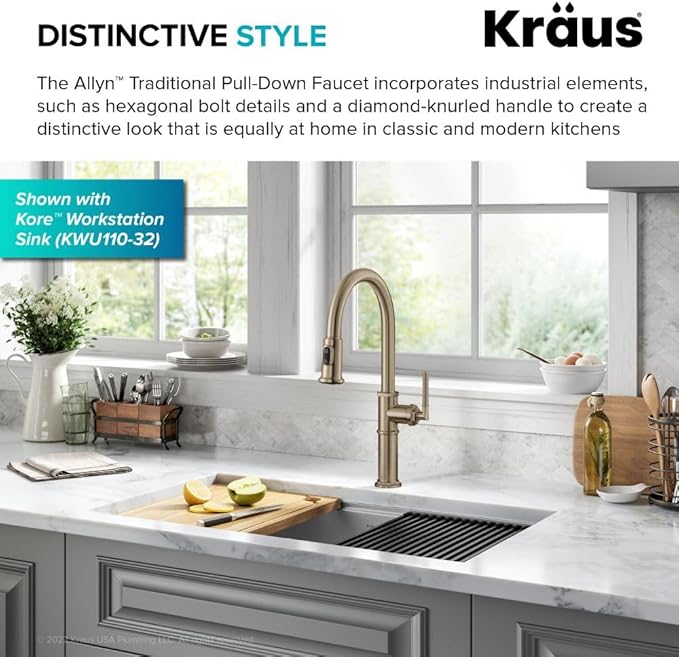 KRAUS Allyn Traditional Industrial Pull-Down Single Handle Kitchen Faucet in Brushed Gold, KPF- 4100BG