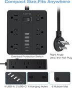 15FT Surge Protector Power Strip,12 AC Outlets with 6 USB Ports (2 USB-C), Flat Plug Extension Cord with Multiple Outlets, Wall Mount for Home Office,Dorm, Black