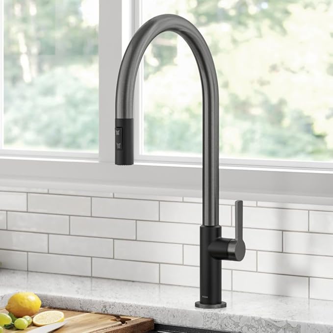 KRAUS Oletto High-Arc Single Handle Pull-Down Kitchen Faucet in Matte Black/Spot Free Black Stainless Steel, KPF-2821MBSFSB