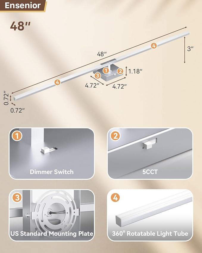 Ensenior Modern Bathroom Vanity Light 48 Inch, Built-in Dimmer, 28W Dimmable 5CCT LED Light Fixture Over Mirror, Matte Grey Bar for Mirror Cabinets Bedroom - FCC Certificated