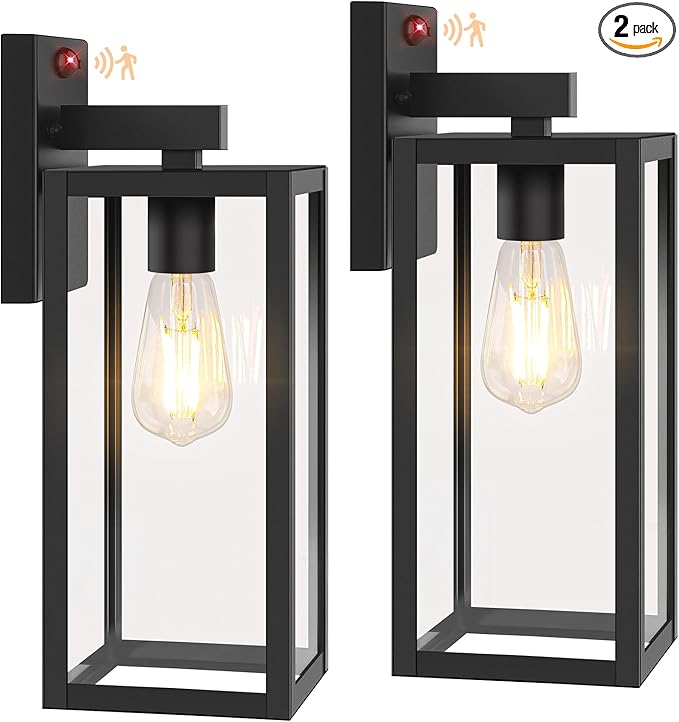 BesLowe Upgraded Motion Sensor Outdoor Wall Lights, 15” Dusk to Dawn Porch Lights Outdoor Wall Sconce Lanterns, 3 Lighting Modes Exterior Lighting Fixtures, Black Outside Lights for House, 2-Pack