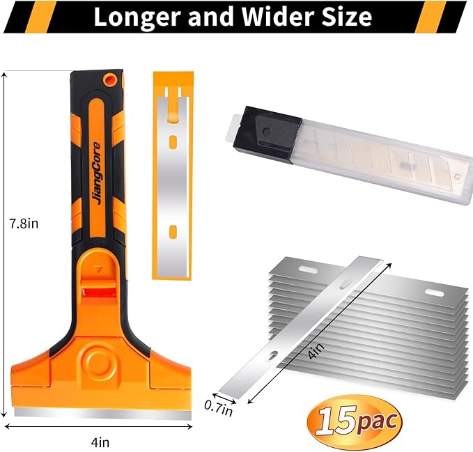 4" Razor Blade Scraper Tool – Wide Scraper Tool with 15 Extra Replacement SK5 Blades,Glass Cleaner for Stove Tops, Windows, Paint Removal and Adhesive Residues