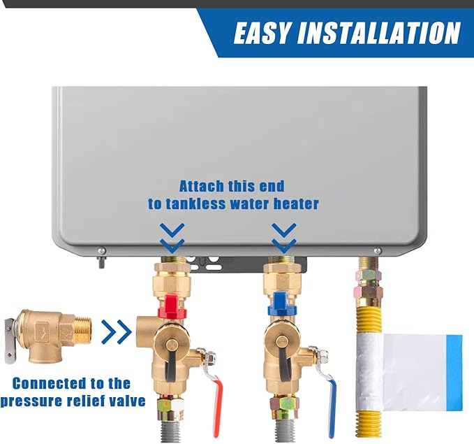 Isolator Tankless Water Heater Valve Kit with Pressure Relief Valve, 3/4 Inch IPS Water Heater Flush Kit, Clean Brass