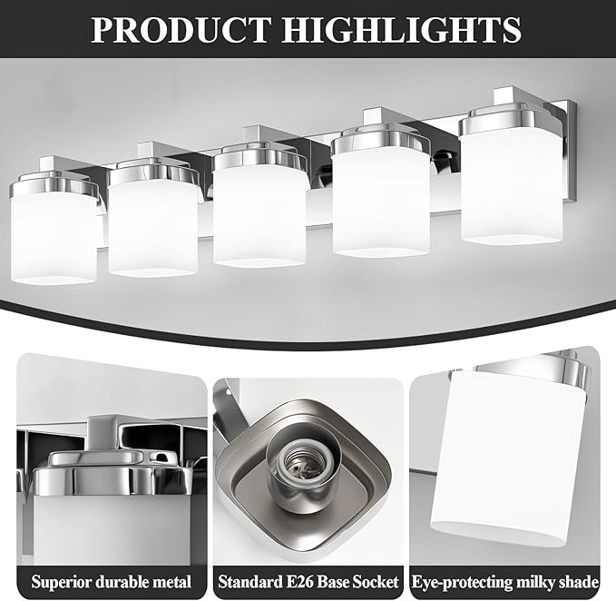 5-Light Bathroom Light Fixtures, Chrome Vanity Lights for Bathroom Mirror Lamp with Milky White Square Glass Shade, E26 Base Modern Wall Sconce Kitchen Light Fixtures Led Vanity