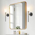 Industrial Mid Century Wall Sconce Set of 2 with White Cylinder Glass Shades Modern Bathroom Vanity Wall Lamp Black and Gold Finished Wall Light Fixture