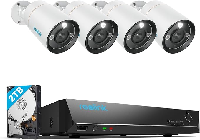REOLINK 12MP Wired Security Camera System, 4pcs H.265 12 Megapixel UHD PoE Surveillance Cameras, Person Vehicle Pet Detection, Spotlight Color Night Vision, 8CH NVR with 2TB HDD, RLK8-1200B4-A