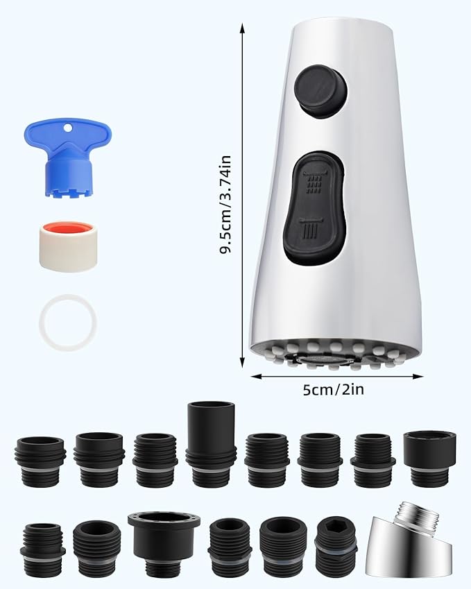 Hibbent Stainless Steel Pull Down Spray Head Replacement with 15 Adapters, NSF/ANSI/CAN 61 & CUPC Certified 3-Function Kitchen Faucet Nozzle, Compatible with Moen, Delta, Kohler Faucet, Chrome