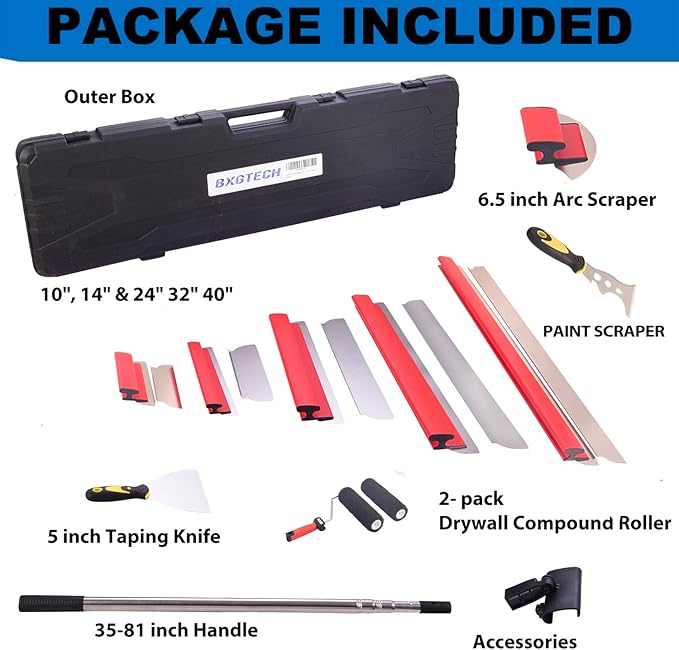 Drywall Tools Skimming Blade with 9 inch Compound Roller - 10", 14", 24"& 32" 40" Blades with 2 Pack 0.3 mm Blades,Taping Knife, Arc Scraper, Construction Tools