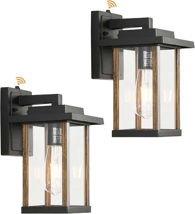 Outdoor Wall Sconce, Dusk to Dawn Outside Porch Light Fixtures, Anti-Rust Exterior Wall Lights in Wood Grain & Black Finish with Clear Glass for Garage Doorway Entryway, 2 Pack