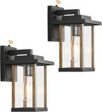 Outdoor Wall Sconce, Dusk to Dawn Outside Porch Light Fixtures, Anti-Rust Exterior Wall Lights in Wood Grain & Black Finish with Clear Glass for Garage Doorway Entryway, 2 Pack