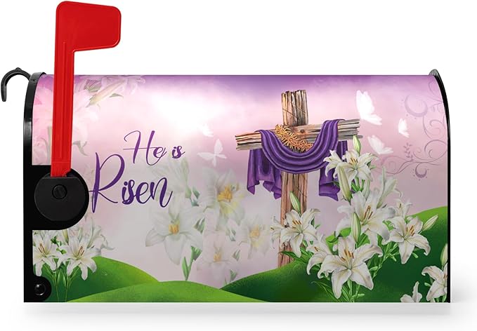 Easter Mailbox Cover - Magnetic Standard Size Cross Religious 'He is Risen' Post Cover - Spring Lilies Floral Waterproof Mailbox Decor for Garden Yard Home - 21x18 Inch