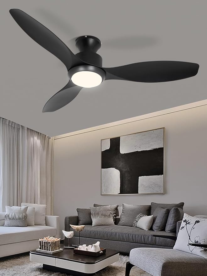 48" Ceiling Fan with Light amd Remote, Black Flush Mount Ceiling Fan with 3 Blades,3 Color Light, 6 Speed, Queit DC Motor, for Indoor/Outdoor/Bedroom/Living Room/Patios, Black