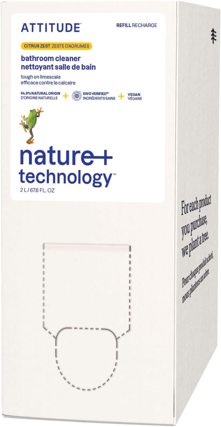 ATTITUDE Bathroom Cleaner Spray Refill, EWG Verified, Plant-Based & Vegan, Safe for Bathroom Surfaces, Tiles, Tubs, Shower Walls, and Grout, Citrus Zest Scent, 67.6 Fl Oz