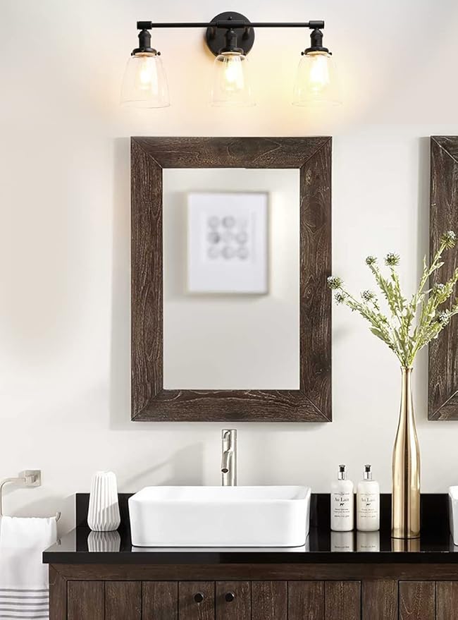 Phansthy 3-Light Wall Sconces Antique Brass Vanity Light, Industrial Wall Lamps with On Off Switch and Clear Glass Lampshade, Vintage Wall Lighting for Bathroom Living Room (Black, Bell Shade)