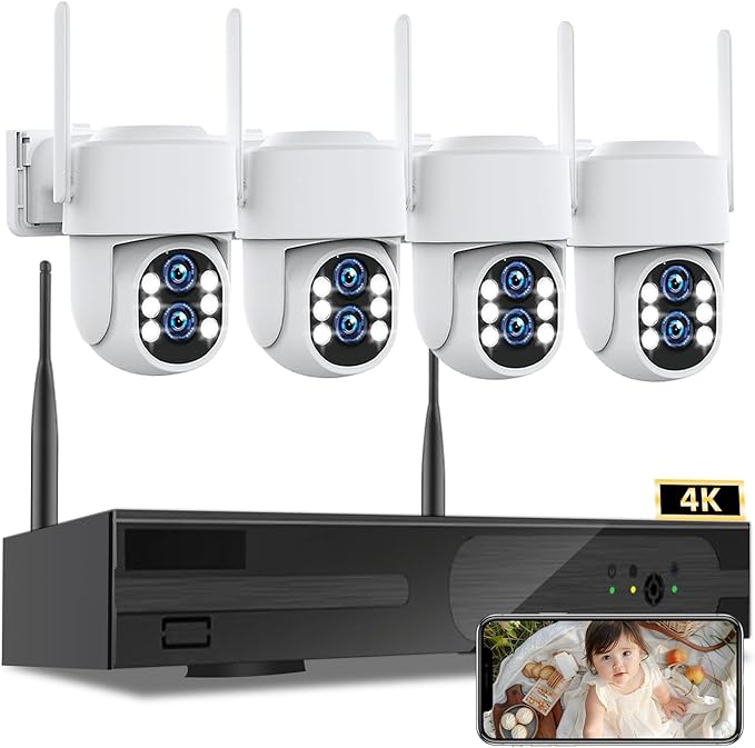 [Dual Lens WiFi6 & 10X Hybrid Zoom] Wireless Security Camera System Outdoor, Auto Tracking 2K+2K 4PCS PTZ Camera for Home Security 10CH Expandable 4K DVR CCTV Security Camera System