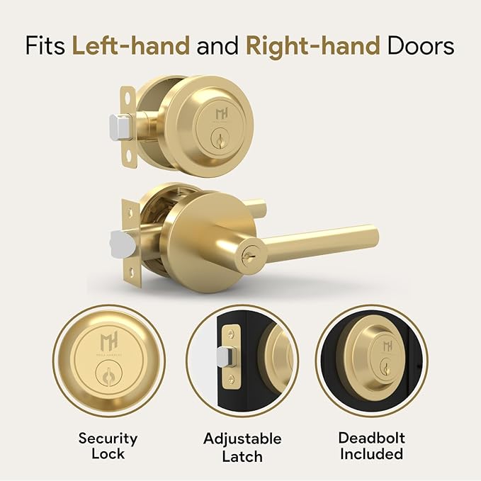 Mega Handles Ronn Entrance Combo, Entry Lever Door Handle and Single Cylinder Deadbolt Lock and Key Combo Pack, Heavy Duty Round Locking Door Levers Set for Left or Right-Handed Doors - Satin Brass