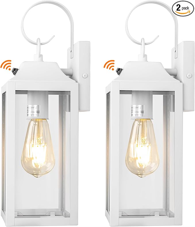 Dusk to Dawn Wall Lights 2 Pack, White Outdoor Light Fixtures, 15 Inch Exterior Wall Sconces Waterproof, Large Outside Lights for House, Modern Wall Lanterns Clear Glass